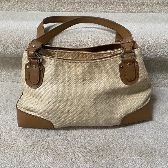 Liz Claiborne Vintge Woven Cream and Tan Leather Tote Bag - Picture 2 of 12